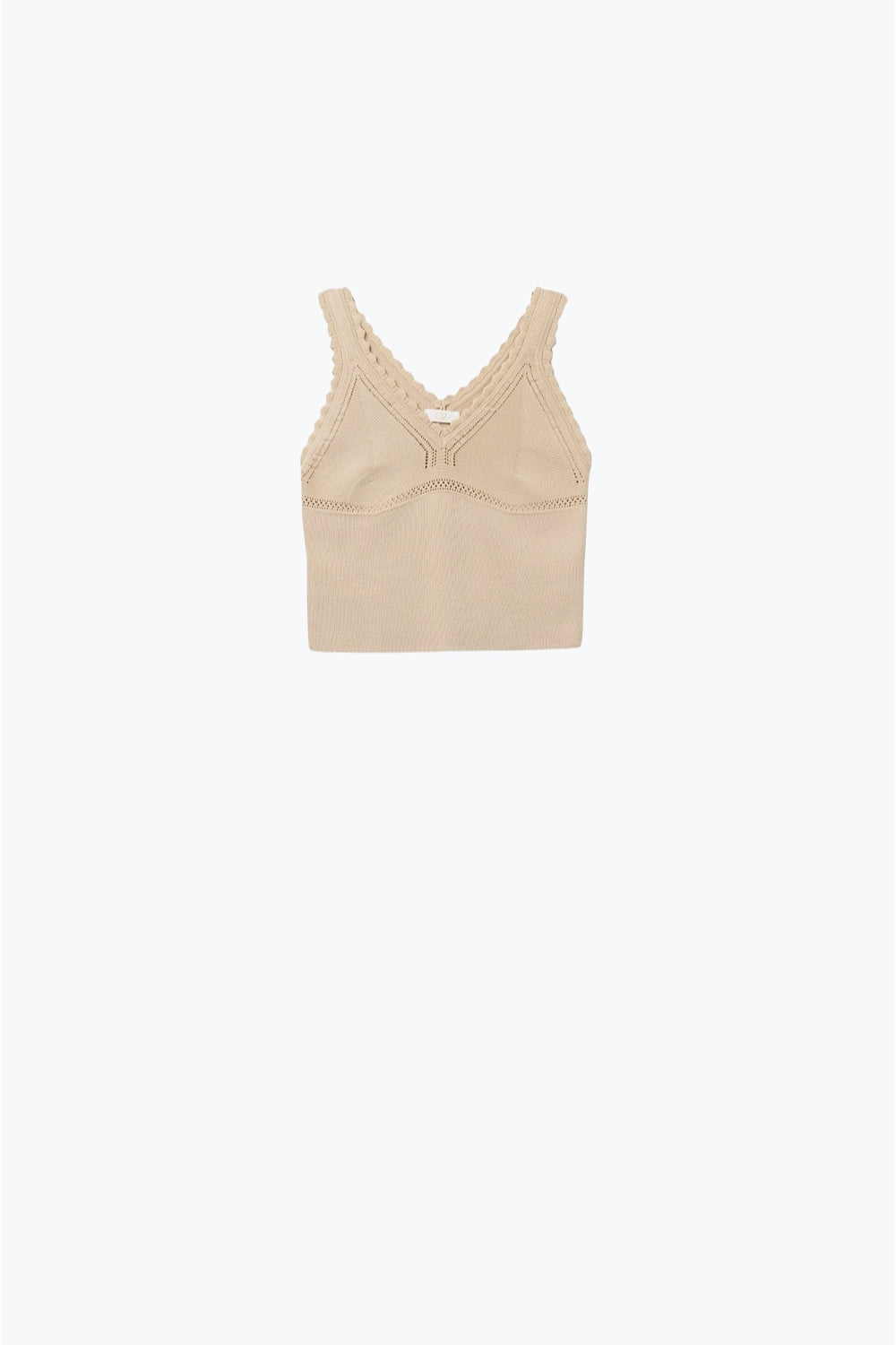Beige geribde gebreide top met geschulpte V-hals