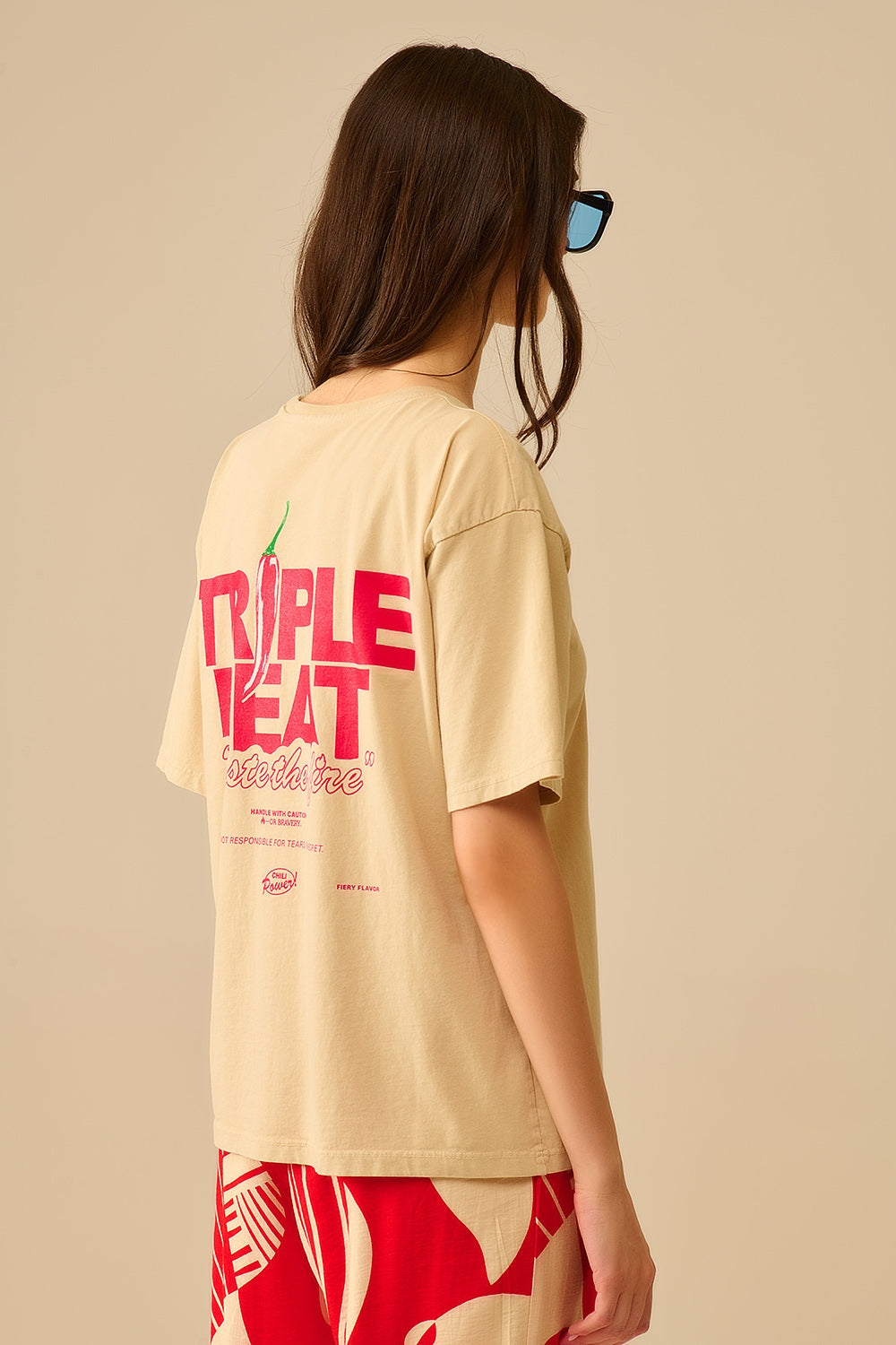 Beige relaxed fit t-shirt met korte mouwen triple heat