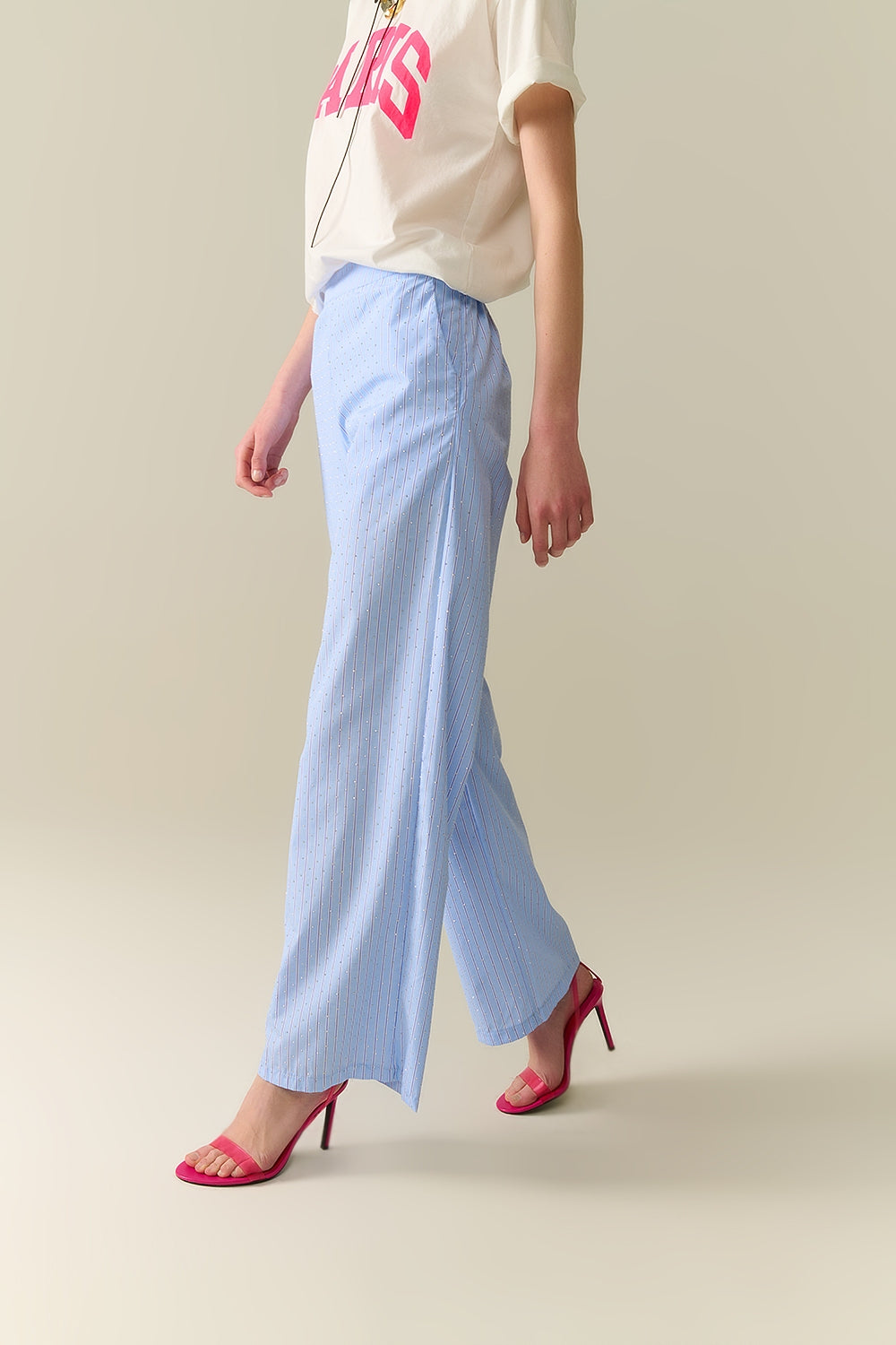 Blauw Gestreepte Broek Met Wijde Pijpen