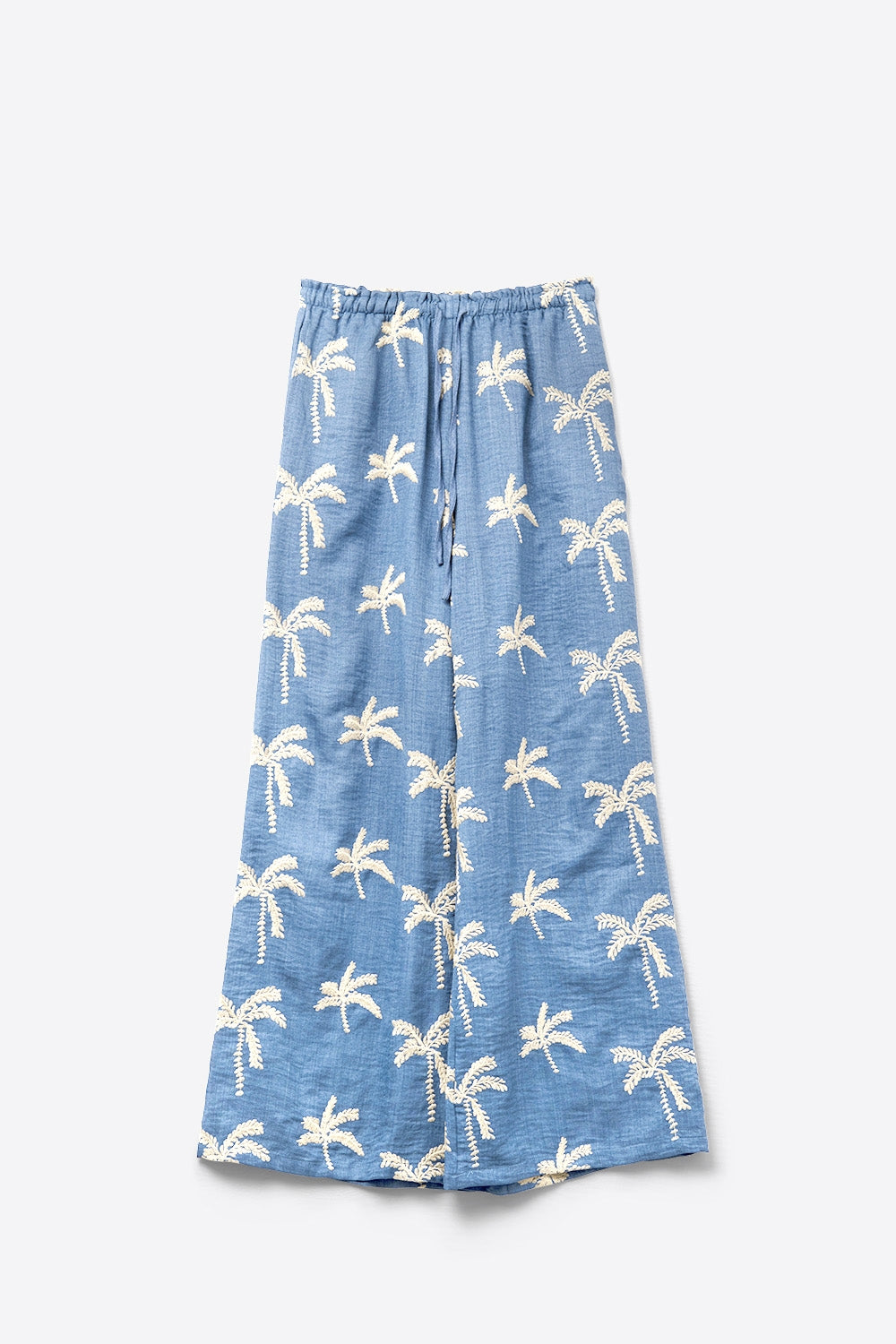 Blauwe Broek Met Wijde Pijpen En Beige Palmboom Borduursel
