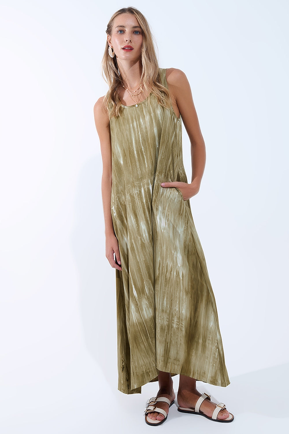boho relaxed jurk in kakhi green tie dye van hoge kwaliteit stof