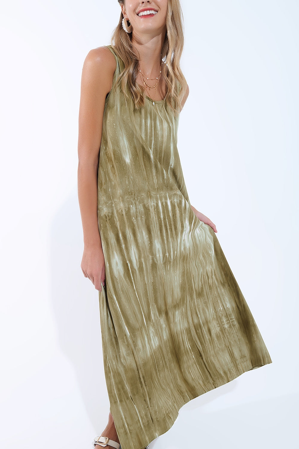 boho relaxed jurk in kakhi green tie dye van hoge kwaliteit stof