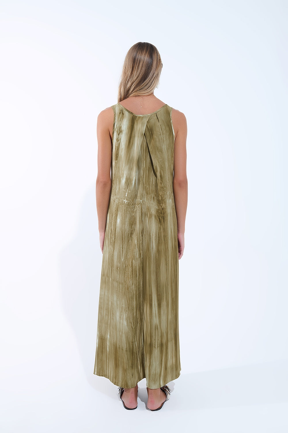 boho relaxed jurk in kakhi green tie dye van hoge kwaliteit stof