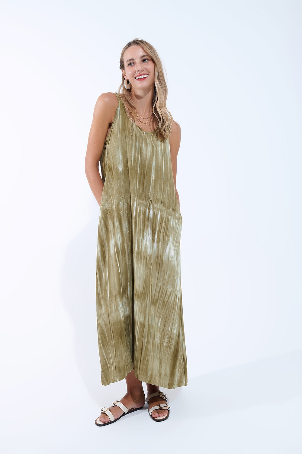 boho relaxed jurk in kakhi green tie dye van hoge kwaliteit stof