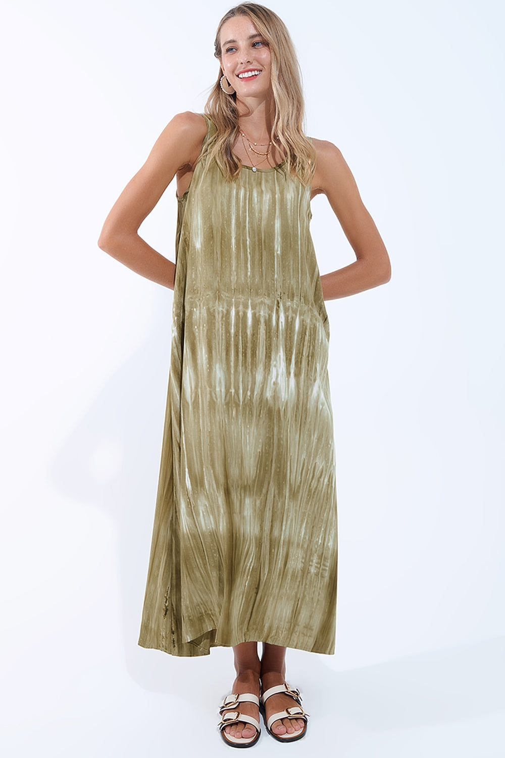 boho relaxed jurk in kakhi green tie dye van hoge kwaliteit stof