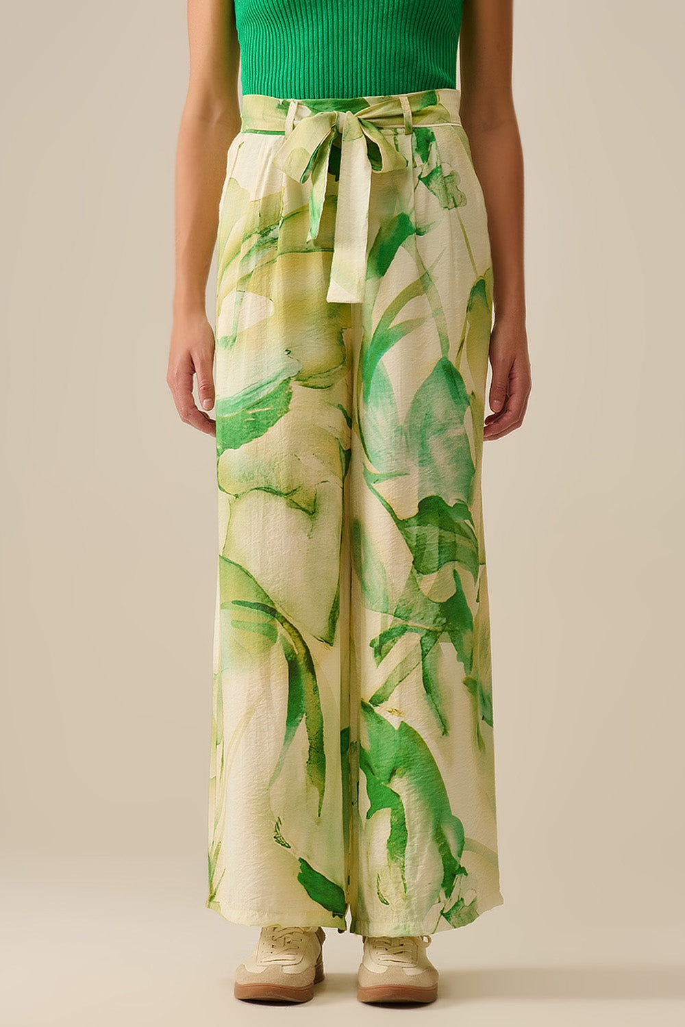 Broek Met Wijde Pijpen En Groene Aquarelprint