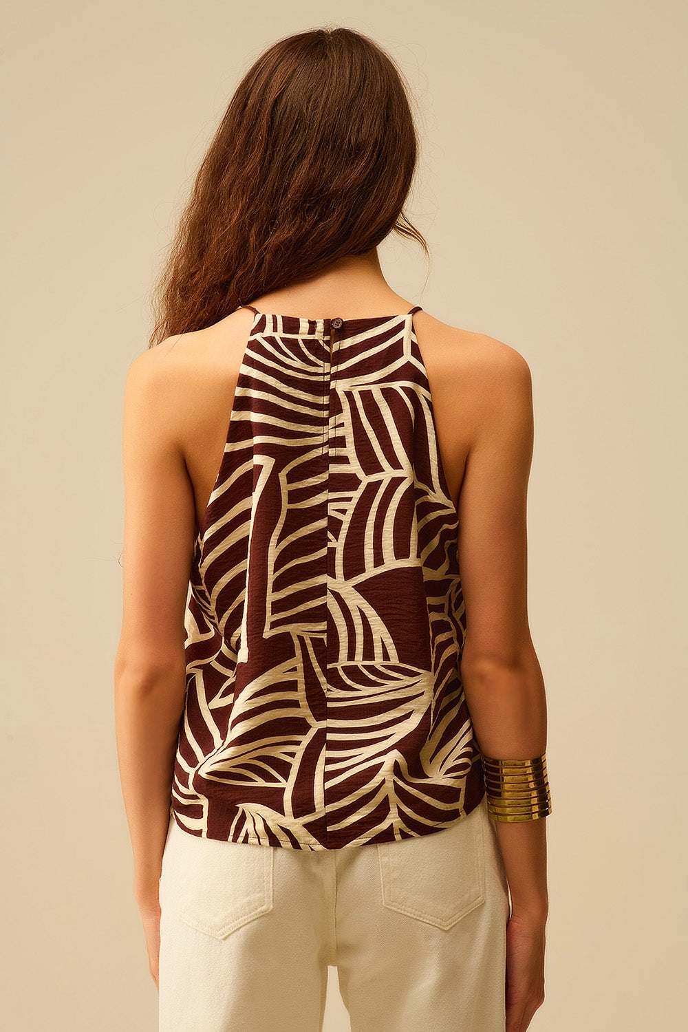 Bruine Mouwloze Haltertop Met Witte Bladprint