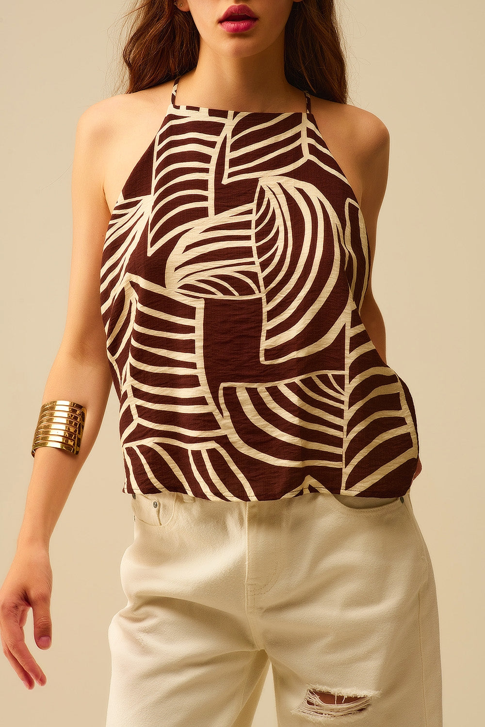 Bruine Mouwloze Haltertop Met Witte Bladprint