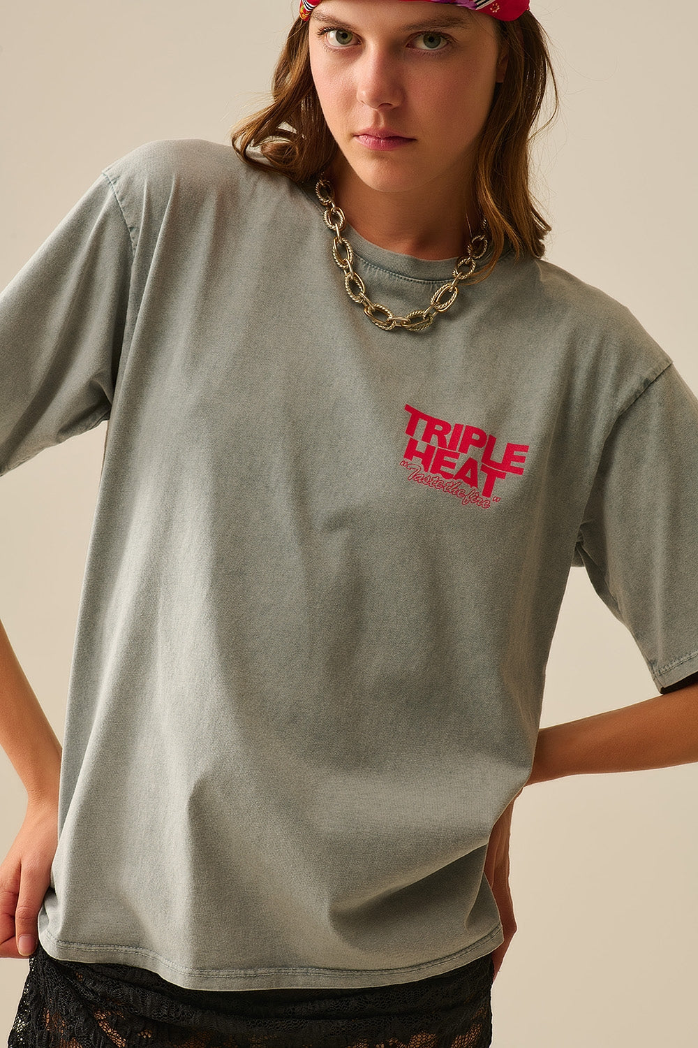 grijs gewassen relaxed fit korte mouwen triple heat logo t-shirt