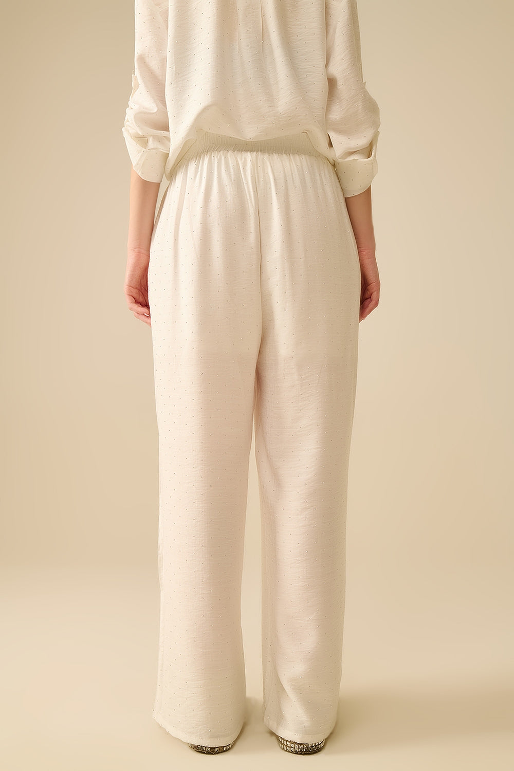 Lichtgewicht Witte Broek Met Wijde Pijpen En Strass-Details