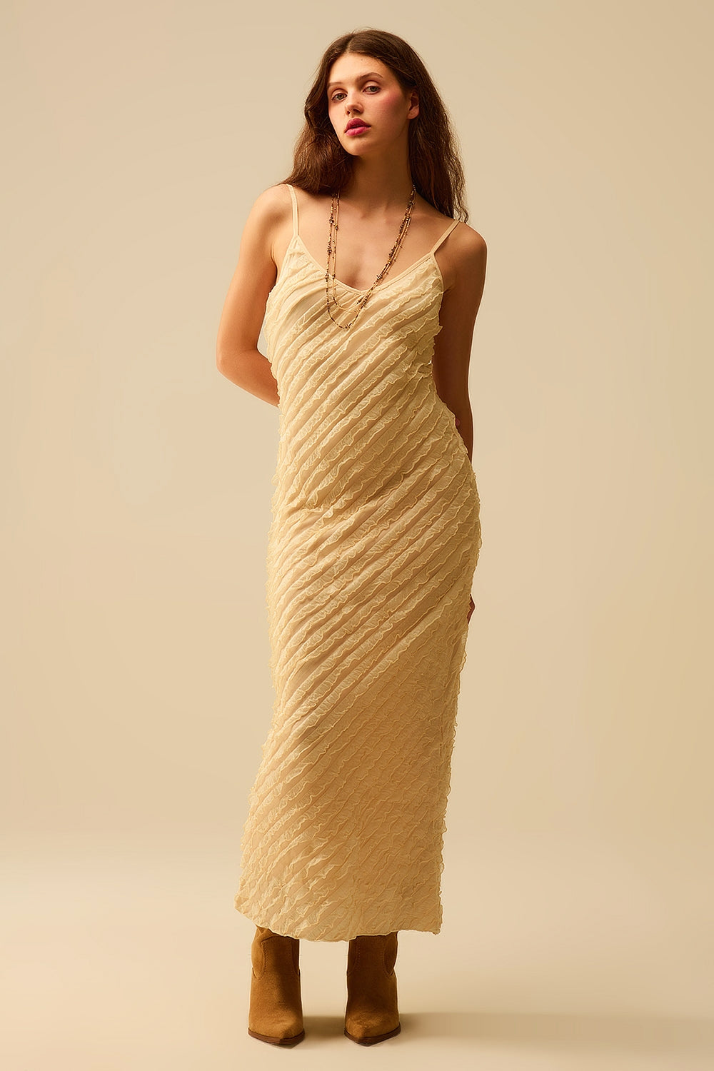 maxi-jurk in ecru met franjes en bandjes