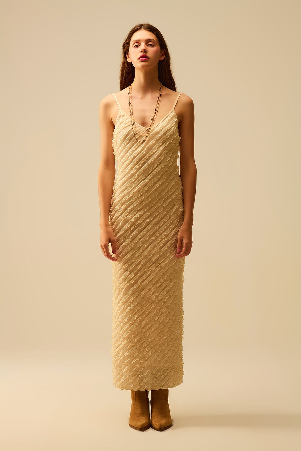 maxi-jurk in ecru met franjes en bandjes