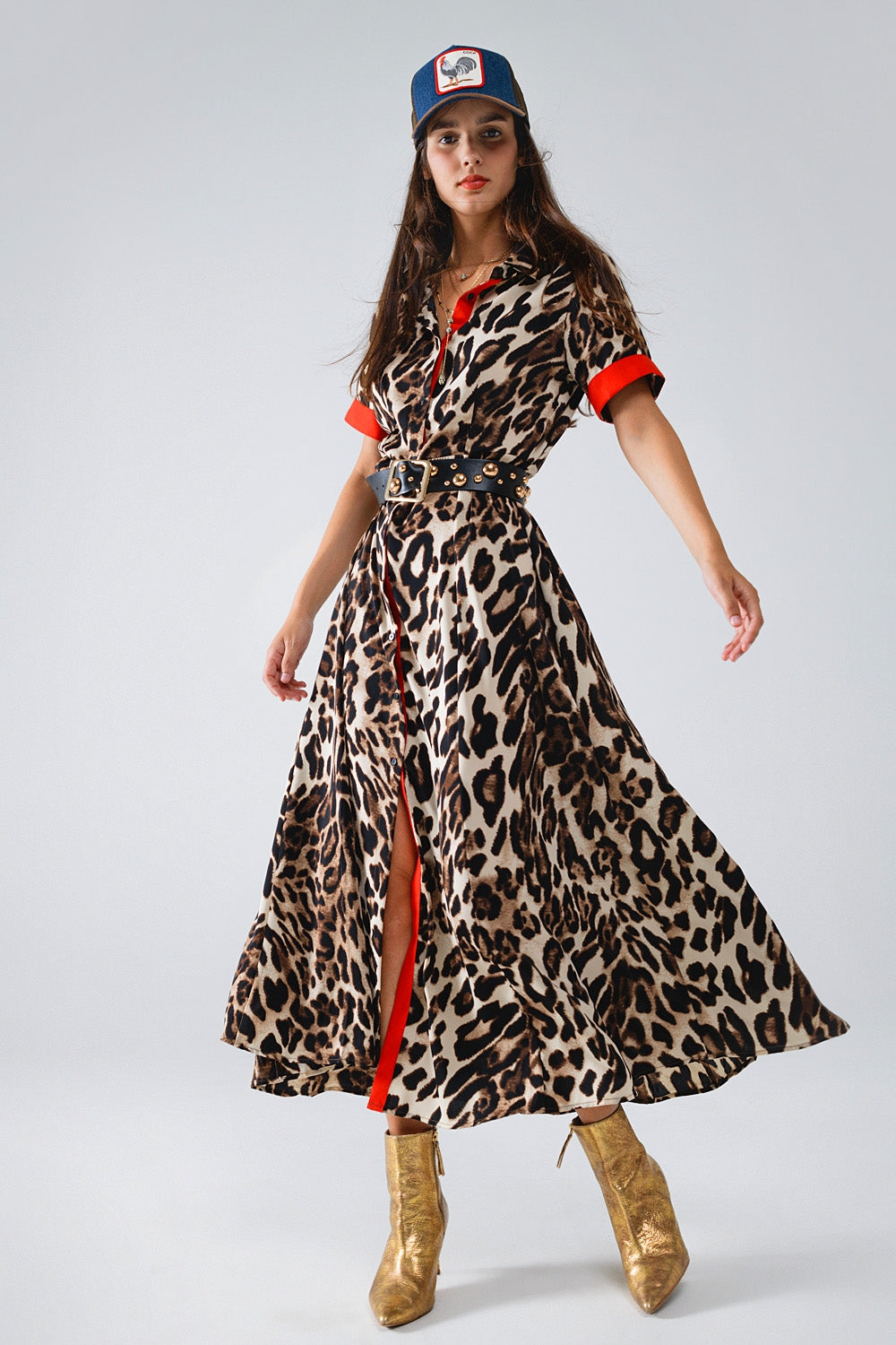 Luipaardprint Maxi-Jurk Met Rode Knoppen