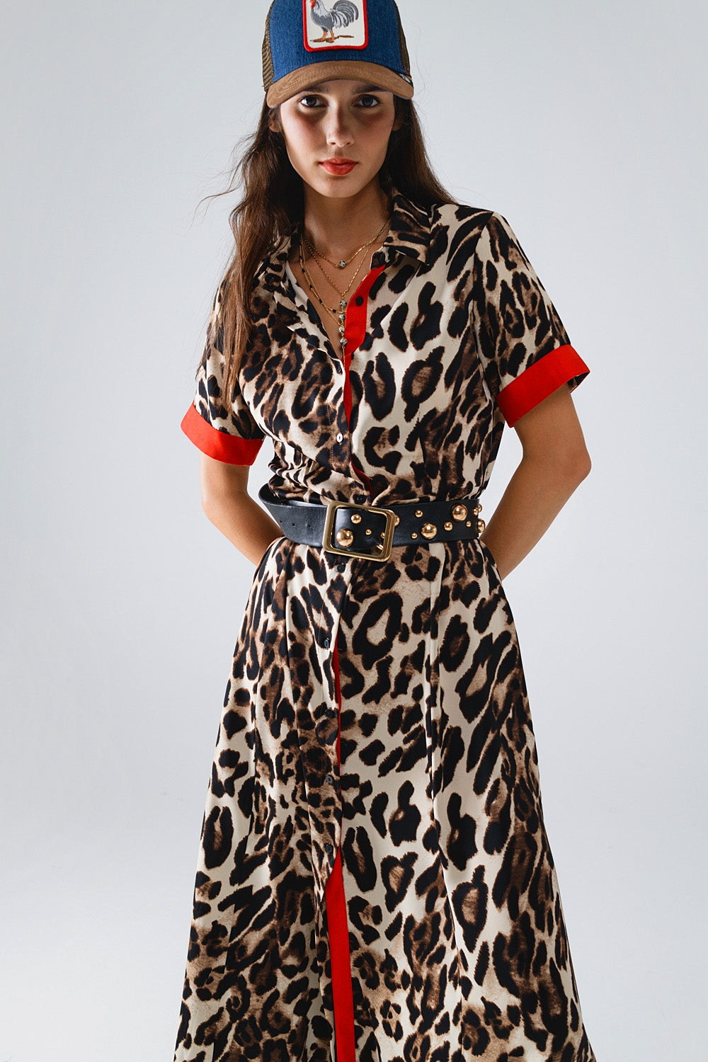 Luipaardprint Maxi-Jurk Met Rode Knoppen