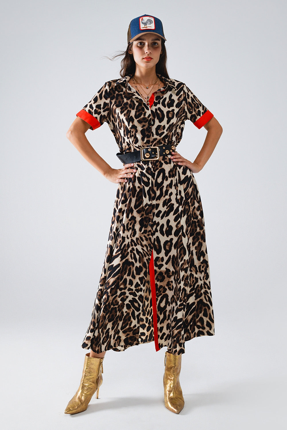 Luipaardprint Maxi-Jurk Met Rode Knoppen