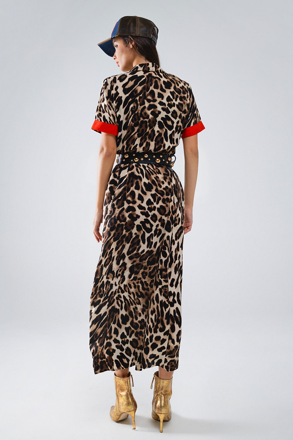Luipaardprint Maxi-Jurk Met Rode Knoppen
