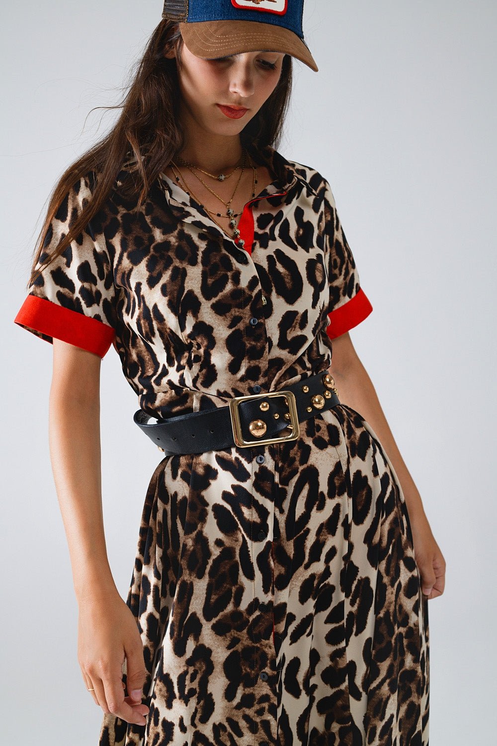 Luipaardprint Maxi-Jurk Met Rode Knoppen