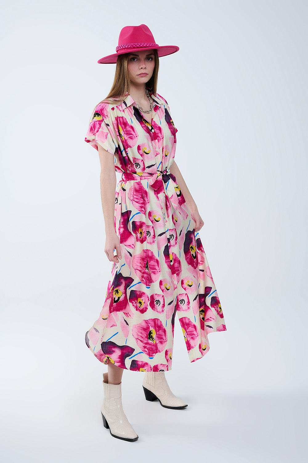 Bloemenprint Blousejurk Met Knopen In Fuchsia