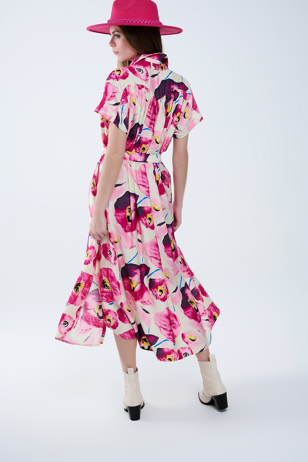 Bloemenprint Blousejurk Met Knopen In Fuchsia