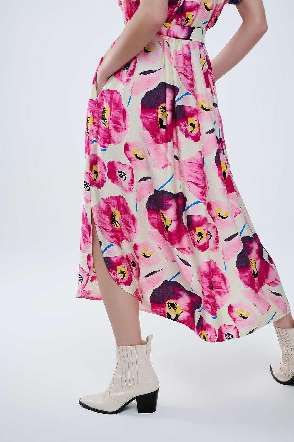 Bloemenprint Blousejurk Met Knopen In Fuchsia