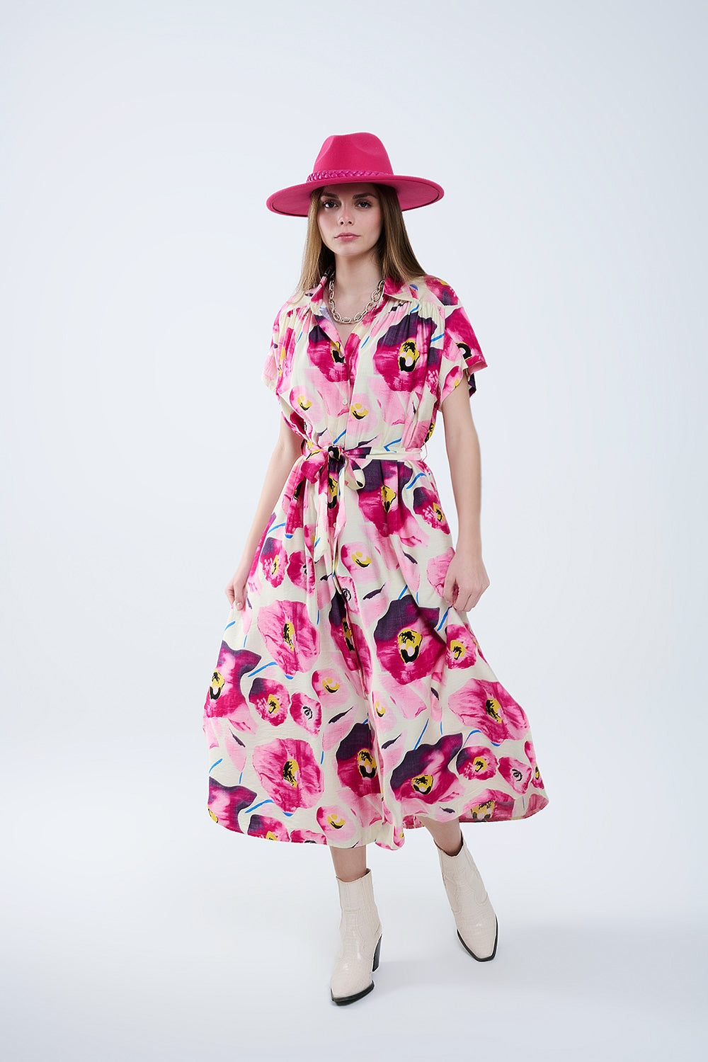 Bloemenprint Blousejurk Met Knopen In Fuchsia