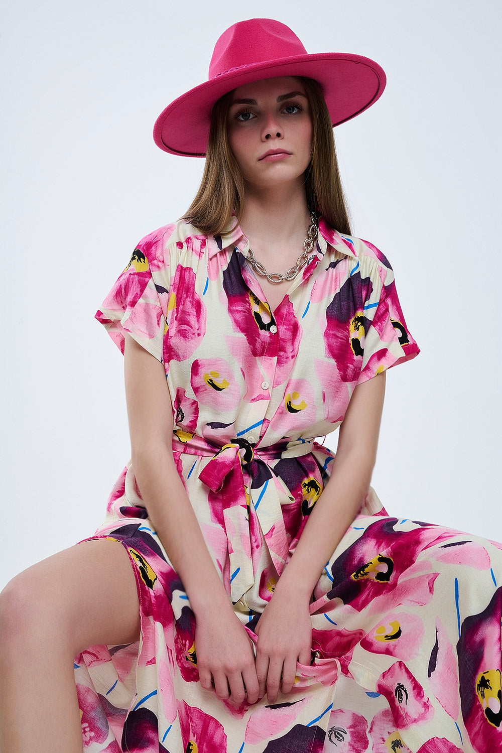 Bloemenprint Blousejurk Met Knopen In Fuchsia