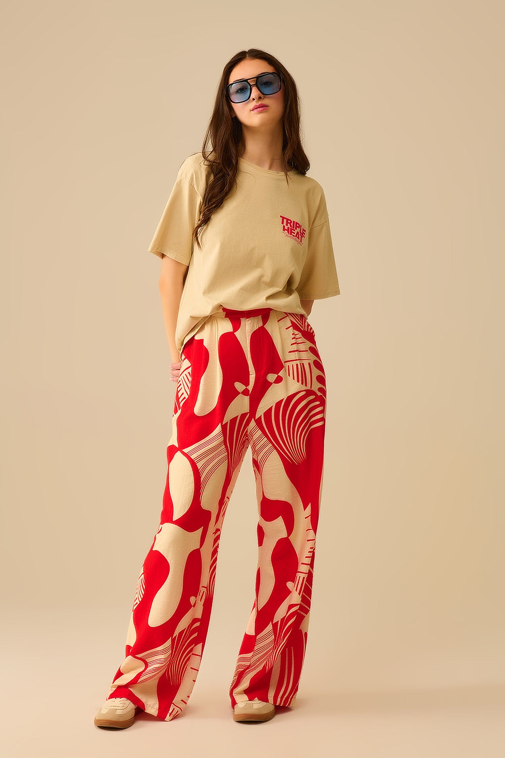 Rode Wijde Broek Met Abstracte Print