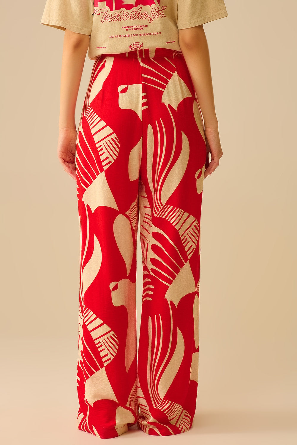 Rode Wijde Broek Met Abstracte Print